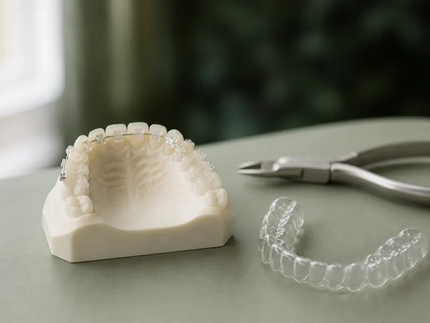 Aparate ortodontice moderne, pe un model dentar