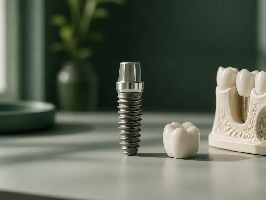 Titanium dental implant, ceramic crown and jaw model