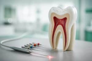 Model în secțiune al unui molar cu canale radiculare, ace de endodonție și fibră laser