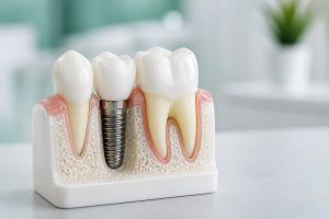 Model în secțiune cu implant dentar inserat în os